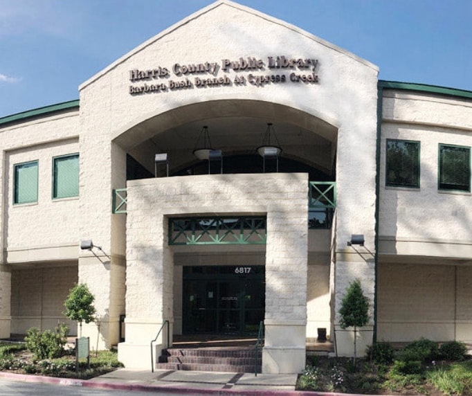 Barbara Bush Harris County Public Library building exterior at Cypress Creek