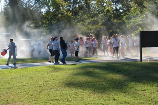 Large group of participants walking through a color powder cloud during the Color the Creek race at CreekFest