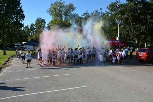 Color powder race finish at CreekFest Houston