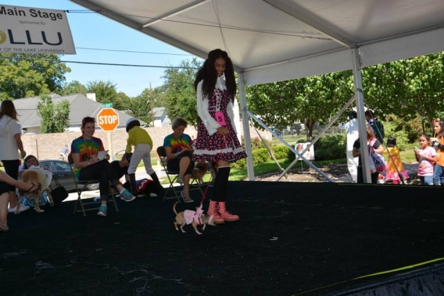 Girl with dog on the Main Stage at CreekFest dog show