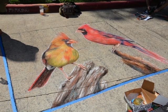 Chalk art of two cardinals at CreekFest Houston